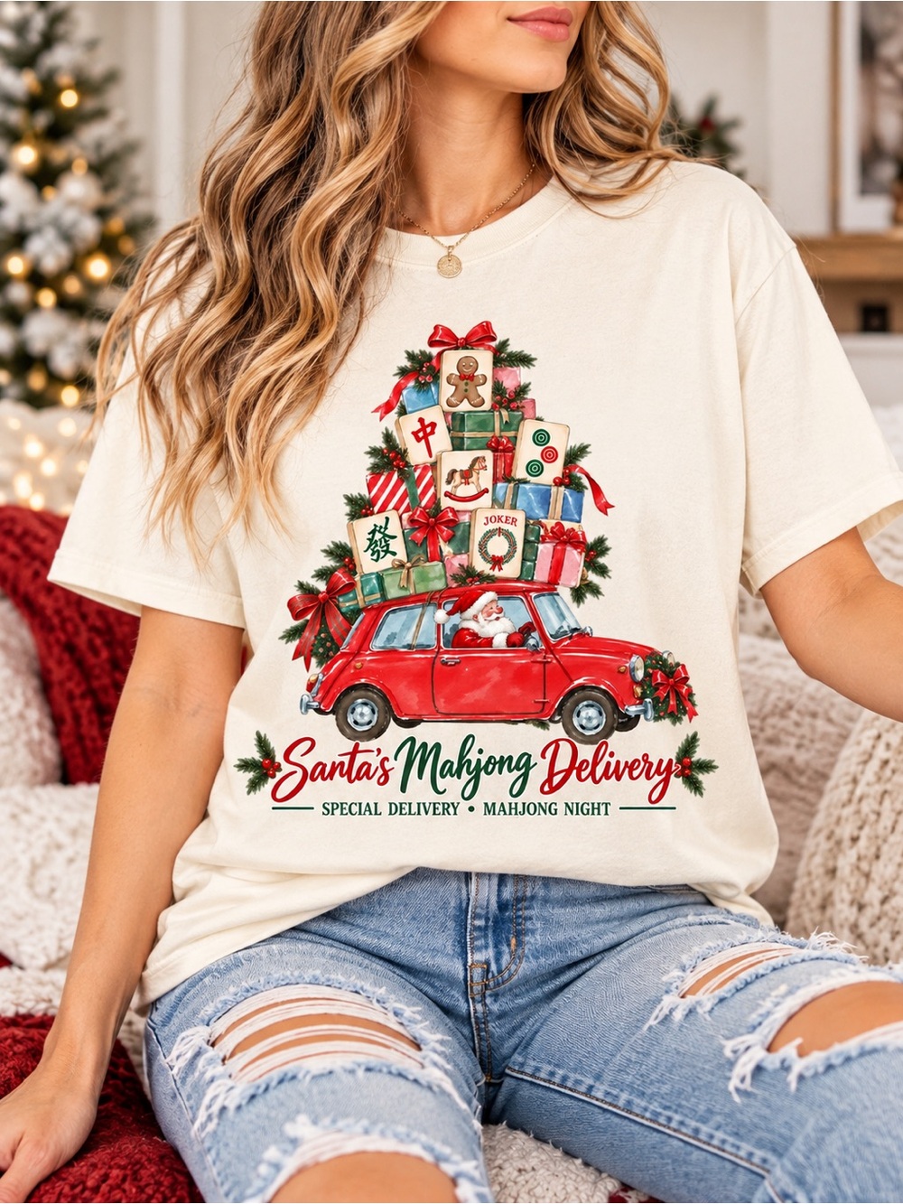 Santa Mahjong Delivery Christmas Shirt Holiday Tree Graphic Gildan